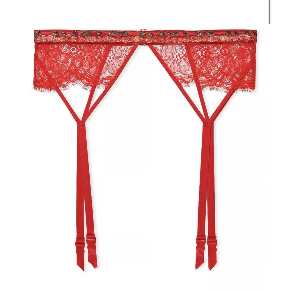 NWT Victoria's Secret Very Sexy Shine Strap Garter Sz XS / S - Cherry Red Lace